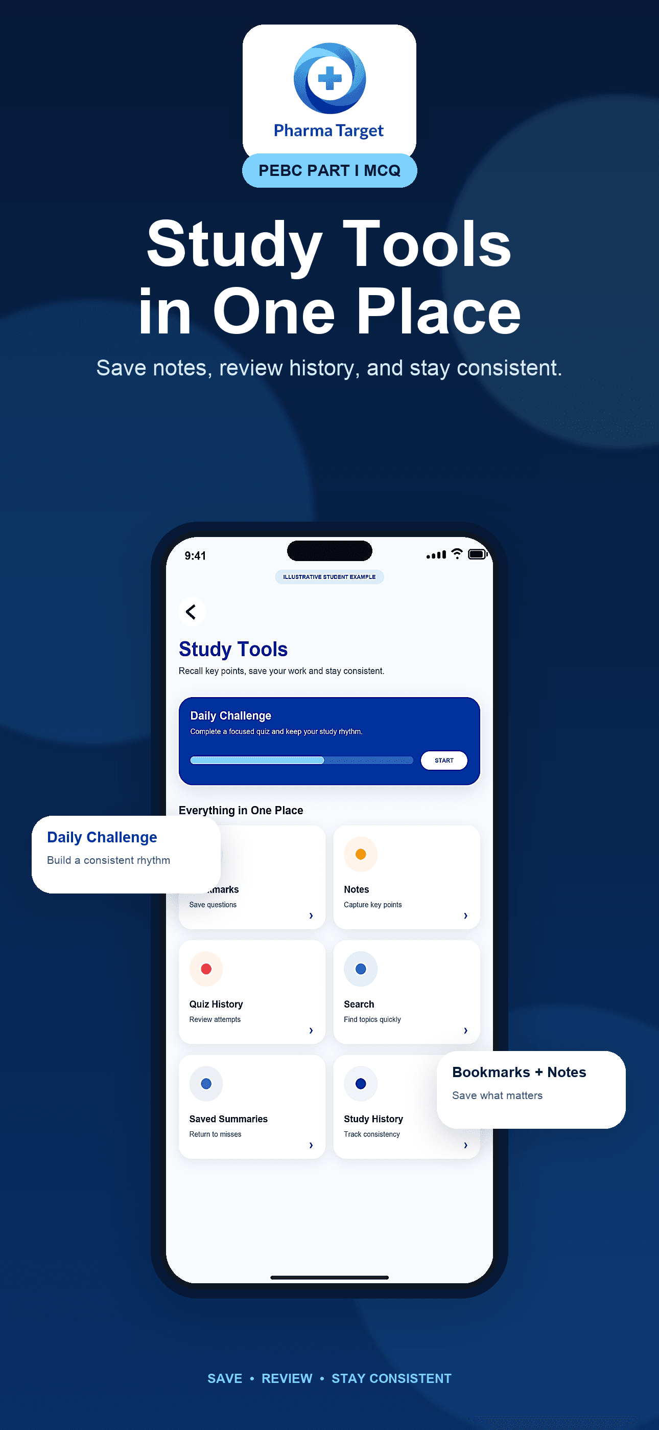 Illustrative PharmaTarget flashcard and study-tools screen